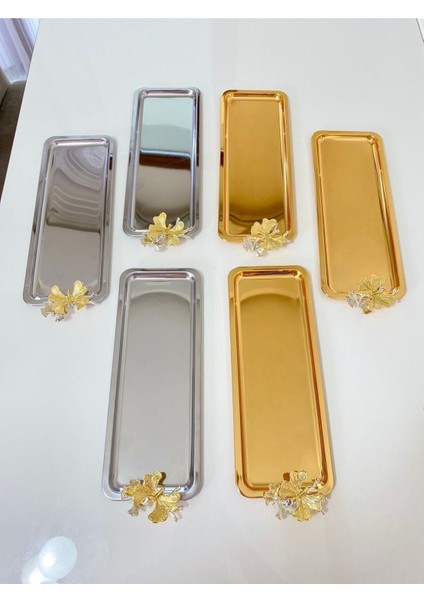 2 Farklı Renkte Lüx Kelebekli Gold ,gümüş Baton Servis ,çay ,kahve ,ikramlık ve Sunum Tepsisi fiyatları