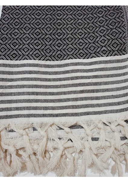 Koltuk Çekyat Örtüsü Krem Siyah Pamuklu Naturel Kolları Kaplayan Püsküllü Büyük Boy 180 x 300