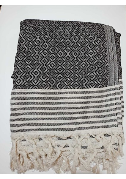 Koltuk Çekyat Örtüsü Krem Siyah Pamuklu Naturel Kolları Kaplayan Püsküllü Büyük Boy 180 x 300 fiyatları