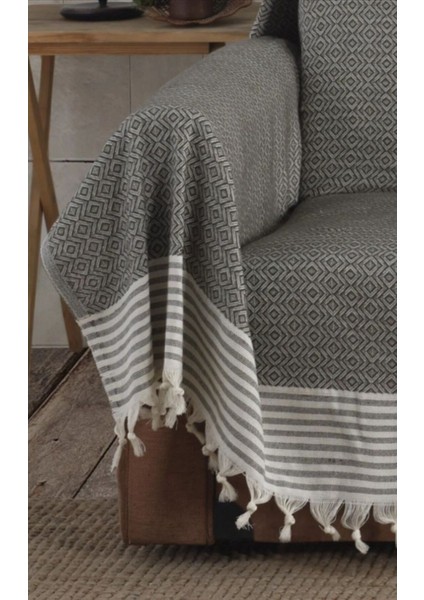 Koltuk Çekyat Örtüsü Krem Siyah Pamuklu Naturel Kolları Kaplayan Püsküllü Büyük Boy 180 x 300 fırsatları