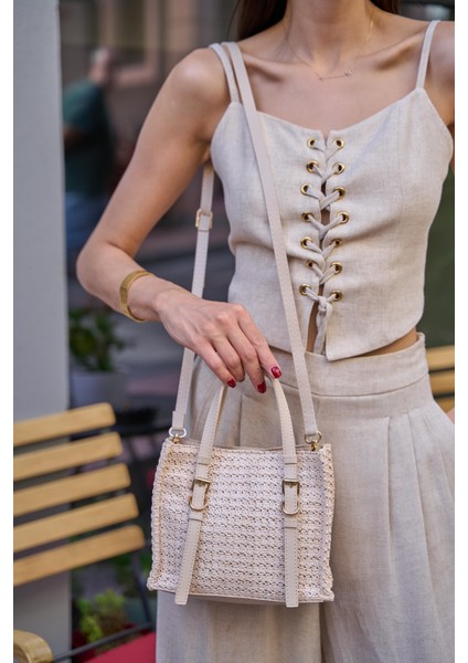 Krem Kadın Hasır Detaylı Tokalı El ve Omuz Çantası modelleri