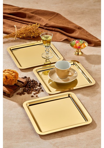 Royal Gold Serisi Gold Sunum Tepsisi, Söz Nişan Tepsisi, 24CM, Avangart Dizayn, 3 Adet