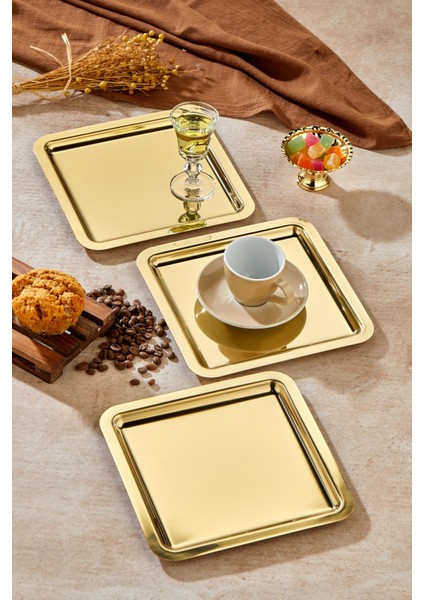 Royal Gold Serisi Gold Sunum Tepsisi, Söz Nişan Tepsisi, 24CM, Avangart Dizayn, 3 Adet