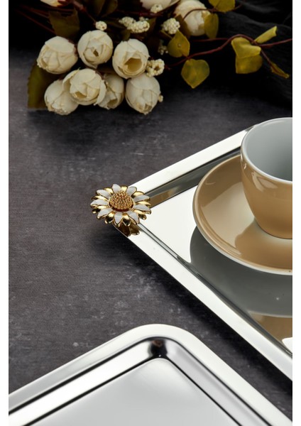 Elegante Noir Serisi, Bella Flora Kulp Desenli Krom Sunum Söz Nişan Tepsisi, 22X16CM, 6 Adet