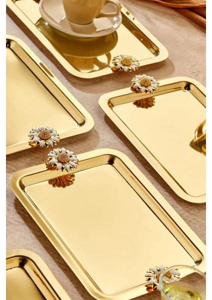 6 Adet Elegante Gold Serisi Duo Bella Flora Kulp Desenli Sunum Tepsisi Söz Nişan Tepsisi 22X16CM
