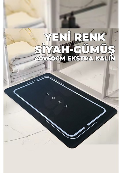 40X60 (Ekstra Kalın) Siyah Gümüş Kaymaz Banyo Paspası - Ultra Su Emici - Kaliteli Kalın Model