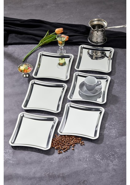 Elegante Square Serisi Krom Sunum Tepsisi, Söz Nişan Tepsisi, 22CM, Avangart Dizayn, 6 Adet