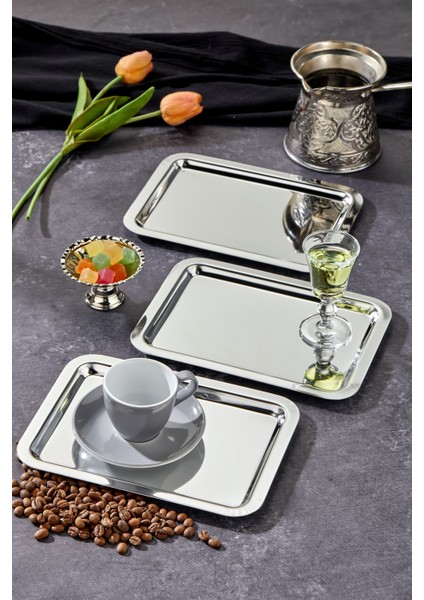 Elegante Noir Serisi Krom Sunum Tepsisi, Söz Nişan Tepsisi, 22X16CM, Avangart Dizayn, 3 Adet