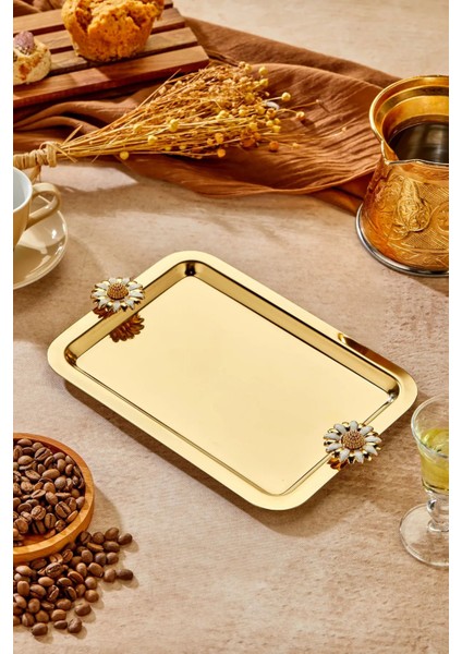 1 Adet Elegante Gold Serisi Duo Bella Flora Kulp Desenli Sunum Tepsisi Söz Nişan Tepsisi 22X16CM