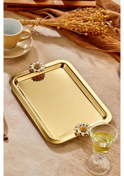 1 Adet Elegante Gold Serisi Duo Bella Flora Kulp Desenli Sunum Tepsisi Söz Nişan Tepsisi 22X16CM