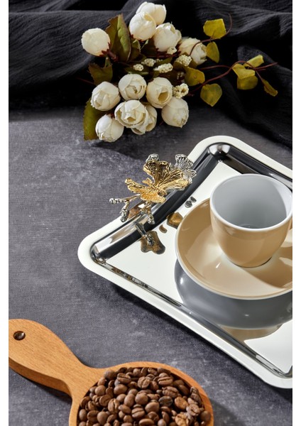 Elegante Square Serisi, Duo Volo Prezioso Kulp Desenli Krom Sunum Söz Nişan Tepsisi, 22CM, Tek Adet