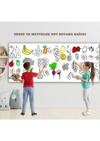 Meyve ve Sebzeler Temalı Dev Boyama Kağıdı 2,5 Metre Rulo Boyama Kağıdı Çocuk Anaokulu ve Kreşler İçin Aktivite Çocuk Eğitici Boyama