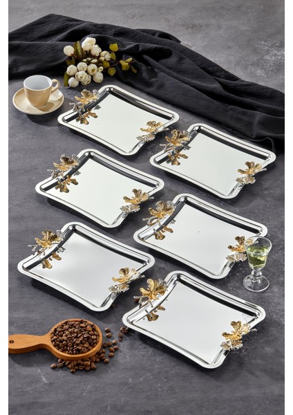 Elegante Square Serisi, Duo Volo Prezioso Kulp Desenli Krom Sunum Söz Nişan Tepsisi, 22CM, 6 Adet