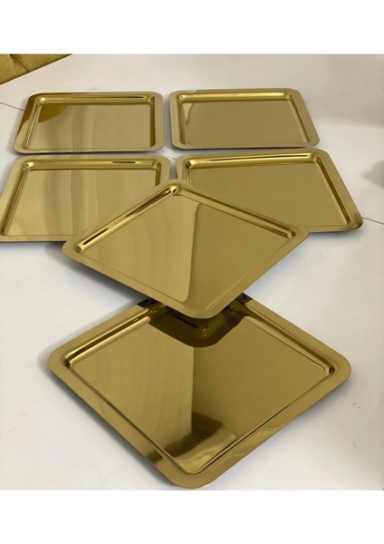Lüx 6 Lı Kare Paslanmaz Çelik Gold Renk Çay,kahve Dekoratif Sunum, Servis Tepsisi