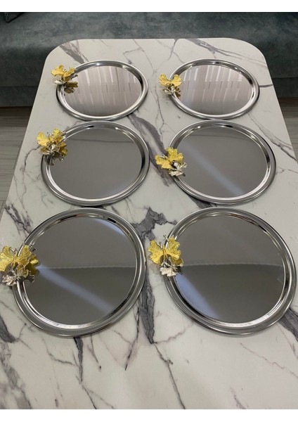 6'lı Kelebekli Yuvarlak Gümüş Sunum Tepsisi Dekoratif Servis Tepsisi Çay, Kahve 22 cm