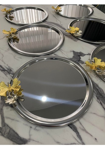 6'lı Kelebekli Yuvarlak Gümüş Sunum Tepsisi Dekoratif Servis Tepsisi Çay, Kahve 22 cm