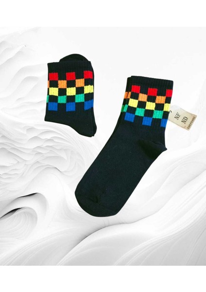 Kare Desenli Pamuklu Yumuşak Kadın Çorap Arakonç Siyah Soket Çorabı 36-40
