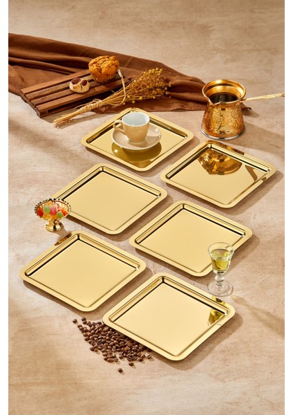Royal Gold Serisi Gold Sunum Tepsisi, Söz Nişan Tepsisi, 24CM, Avangart Dizayn, 6 Adet