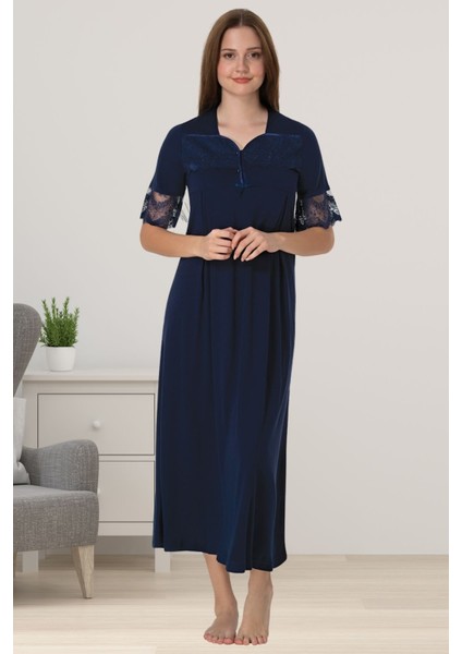 Lacivert Dantelli Kısa Kol Hamile Lohusa Gecelik