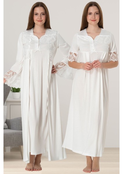 Ekru Sabahlıklı Hamile Lohusa Gecelik Takım