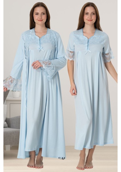Mavi Sabahlıklı Hamile Lohusa Gecelik Takım