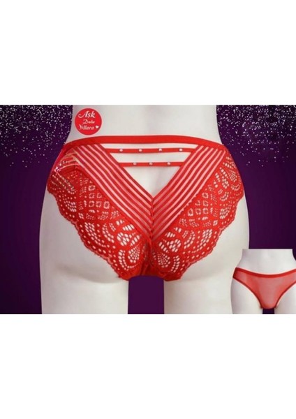 Dantelli Kırmızı Yılbaşı Güpürlü Taşlı Transparan Noel Hediye Paketli Külot 38-40 Iççamaşırı