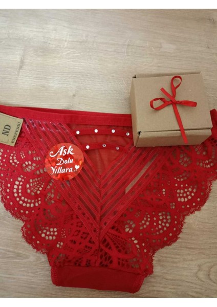 Dantelli Kırmızı Yılbaşı Güpürlü Taşlı Transparan Noel Hediye Paketli Külot 38-40 Iççamaşırı modelleri