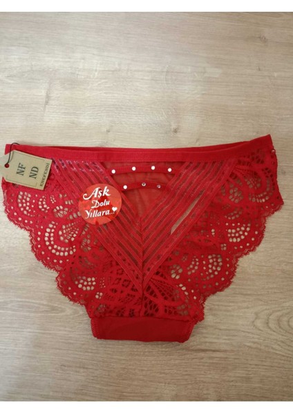 Dantelli Kırmızı Yılbaşı Güpürlü Taşlı Transparan Noel Hediye Paketli Külot 38-40 Iççamaşırı fırsatları