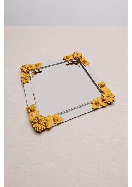 6'lı Kahve - Sunum Tepsi Seti, Gül ve Gold Desenli Set, Sunum Tepsisi, Krom Gold Set