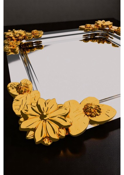 6'lı Kahve - Sunum Tepsi Seti, Gül ve Gold Desenli Set, Sunum Tepsisi, Krom Gold Set
