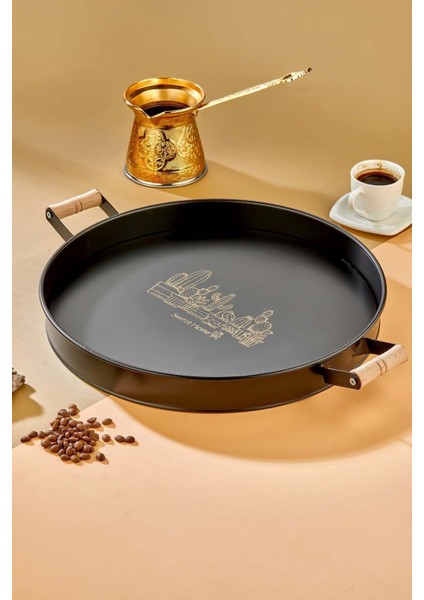 Dekoratif Metal Tepsi, Ahşap Kulp, Özel Desenli ve Mat Boya, 37CM