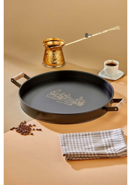 Dekoratif Metal Tepsi, Ahşap Kulp, Özel Desenli ve Mat Boya, 37CM