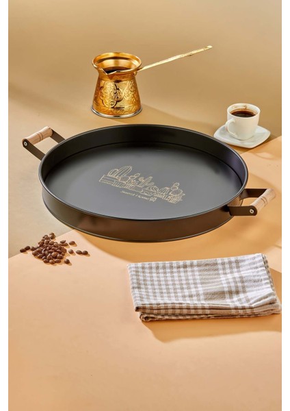 Dekoratif Metal Tepsi, Ahşap Kulp, Özel Desenli ve Mat Boya, 37CM