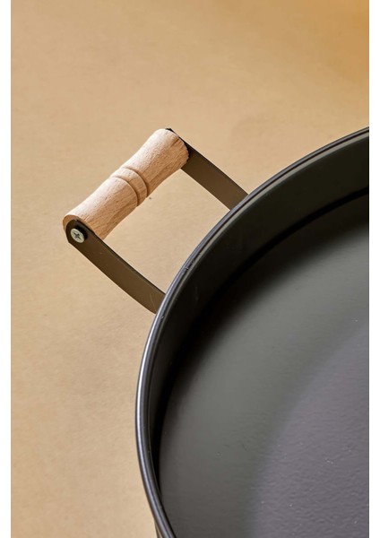 Dekoratif Metal Tepsi, Ahşap Kulp, Özel Desenli ve Mat Boya, 37CM