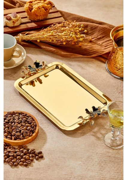 1 Adet Elegante Gold Serisi Duo Luna Nera Kulp Desenli Sunum Tepsi | Söz Nişan Tepsisi 22X16CM