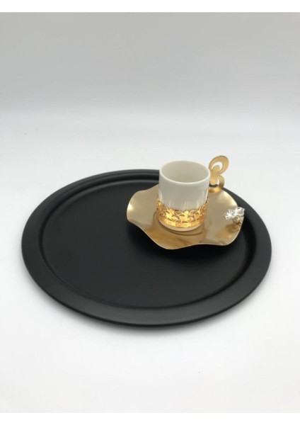 Metal Yuvarlak Çay, Kahve, Pasta Servis Tepsisi Dekoratif Sunum Tepsisi 24 cm