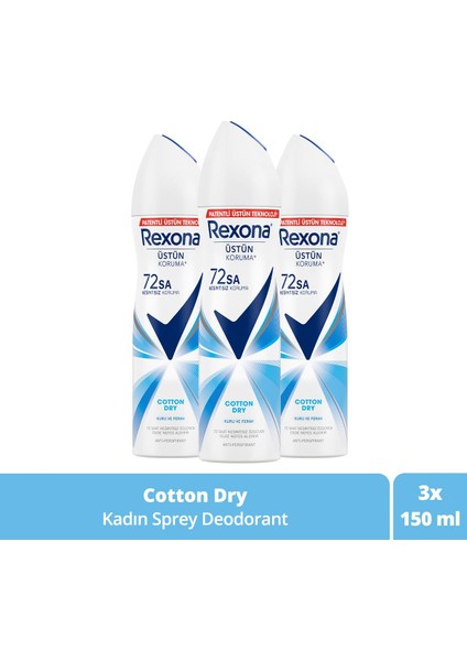 Kadın Sprey Deodorant Cotton Dry 72 Saat Kesintisiz Üstün Koruma 150 Mlx3