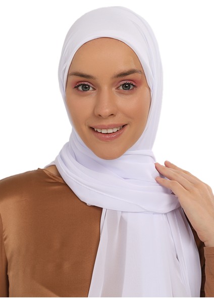 Hazır Pratik Lüks Boyunluklu Boneli Şifon Şal-Beyaz