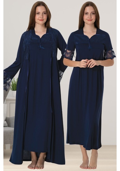 Lacivert Sabahlıklı Hamile Lohusa Gecelik Takım