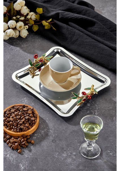Elegante Square Serisi, Duo Bacche Rosso Kulp Desenli Krom Sunum Söz Nişan Tepsisi, 22CM, Tek Adet