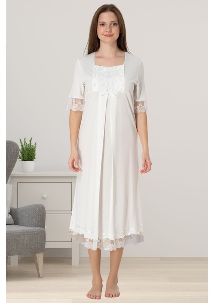 Ekru Dantelli Kısa Kol Hamile Lohusa Gecelik