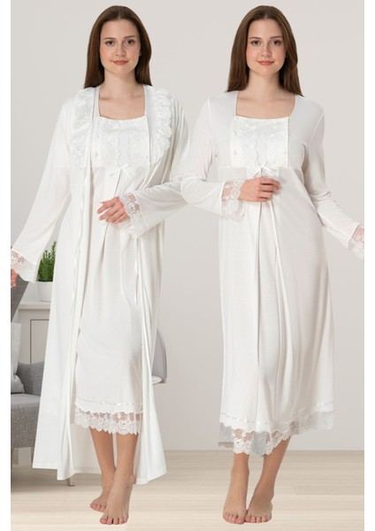 Hamile Gecelik Takımı Pamuk Kumaşla Rahat Emzirme Kolaylığı Sunar Ekru Renk