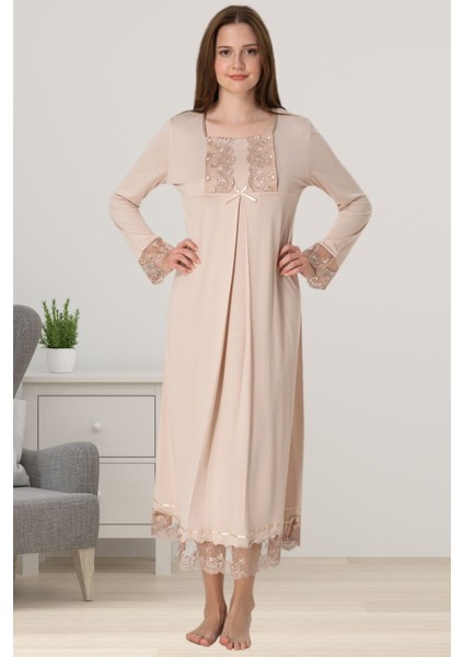 Kahverengi Dantelli Hamile Lohusa Gecelik