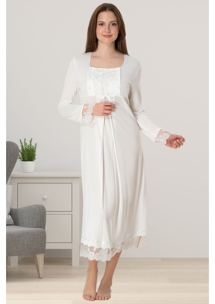 Ekru Dantelli Hamile Lohusa Gecelik