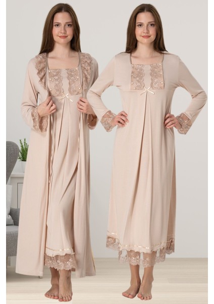 Kahverengi Sabahlıklı Hamile Lohusa Gecelik Takım