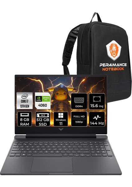 Victus 15 Intel Core I7 13620H 8gb 512GB SSD RTX4060/8GB 15.6" Fhd 144Hz Windows 11 Pro Taşınabilir Bilgisayar & Per4 Çanta B7SP3EAPN402