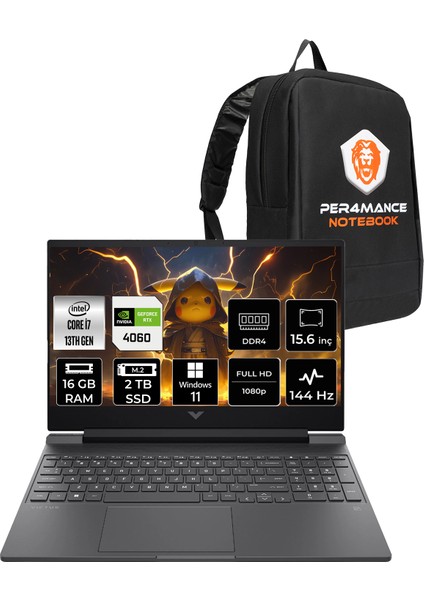 Victus 15 Intel Core I7 13620H 16GB 2tb SSD RTX4060/8GB 15.6" Fhd 144Hz Windows 11 Pro Taşınabilir Bilgisayar & Per4 Çanta B7SP3EAPN414