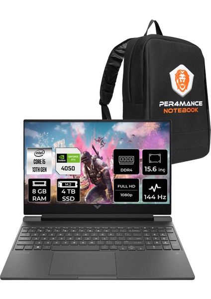 Victus 15 Intel Core I5 13420H 8gb 4tb SSD RTX4050/6GB 15.6" Fhd 144Hz Freedos Taşınabilir Bilgisayar & Per4 Çanta B7TG7EAPN305