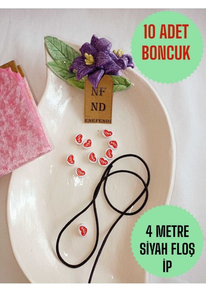 ENEFENDİ 4 Metre Floş Ip Sıçan Kuyruğu Kalınlığı 2mm Siyah Bileklik Takı Hediyelik Ipi ve 10 Love Boncuk