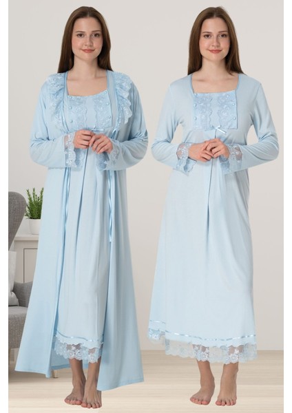 Mavi Sabahlıklı Hamile Lohusa Gecelik Takım